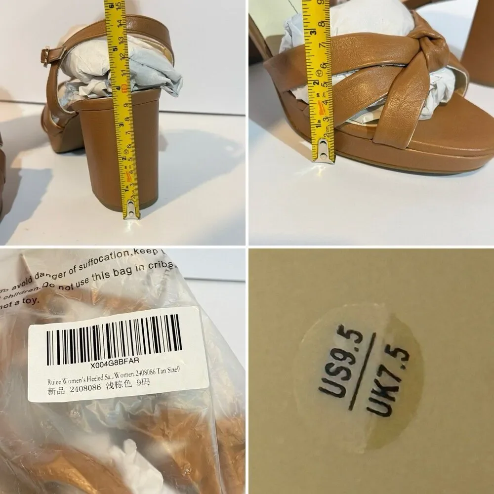 Ruiee Women's Platform Heels Chunky Sandals Ankle Strappy Brown Size 9.5 New
